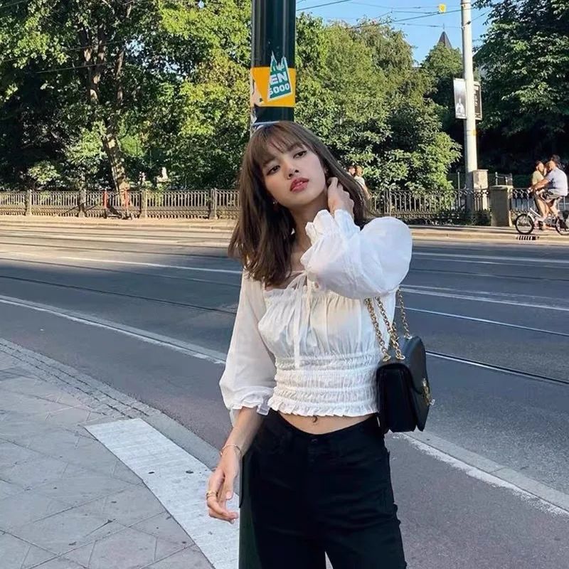 

Lisa's french retro strappy bubble sleeve top square collar cotton thin shirt women's 2021 summer new model