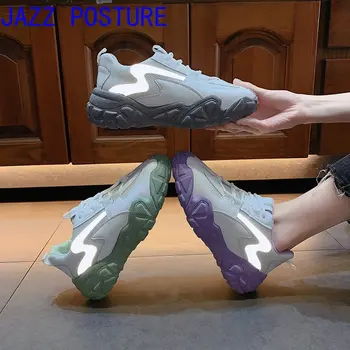 

New features in 2020 Women's gray shiny platform sports shoes Women's fashion vulcanized shoes Large casual sports shoes q534