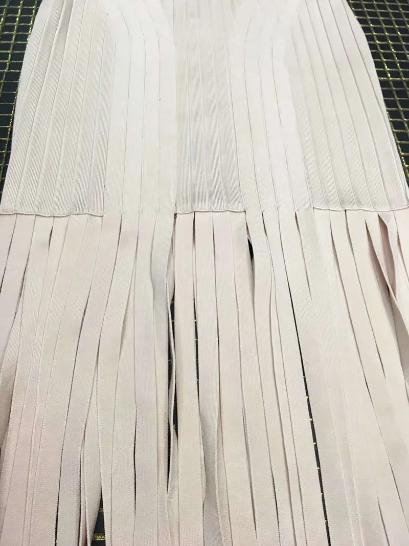 Elegant Beige Tassel Maxi Bandage Dress Long Newest Sleeveless V Neck Sexy Evening Celebrity Party Dresses Vestidos Festa