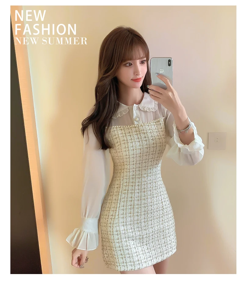 Fashion Women Woollen Dress Autumn Winter Plaid Tweed Patchwork Chiffon Peter Pan Collar A Line Short Dress black dress