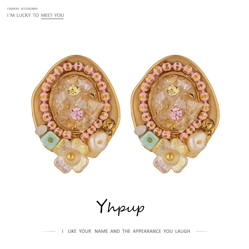 Yhpup Fashion Crystal Geometric Stud Earrings Freshwater Pearls kolczyki Korean Temperament for Women Anniversary Gift | Украшения и