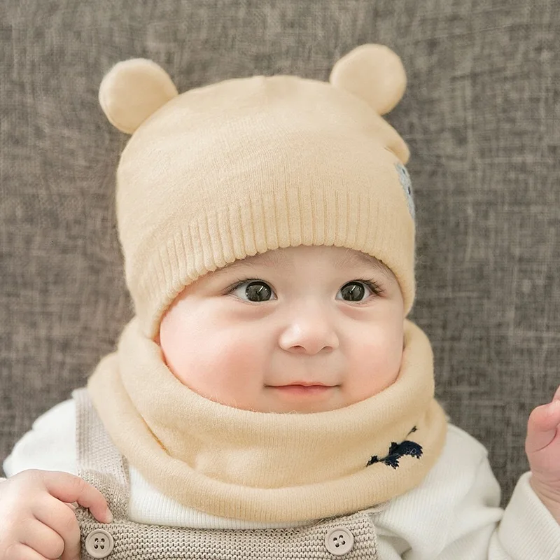 beige has scarf 2 шт./компл. детские шапки и шарфа с милым медведем; однотонная теплая вязаная детская шапка шарф-хомут с круглым воротником шарфы вязаная крючком для девочек, для мальчиков шапочки зимние шапки - Цвет: beige has scarf