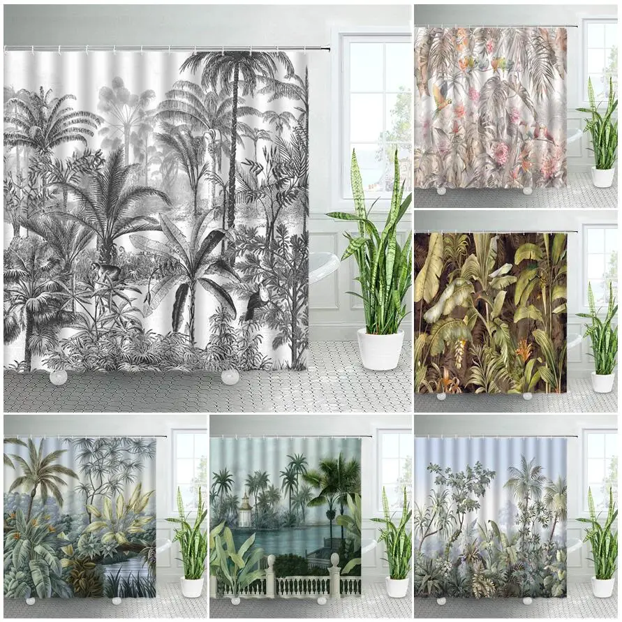 Black White Tropical Plants Palm Trees Shower Curtains Jungle Natural Landscape Home Polyester