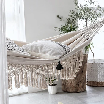 

White Hammock Large Brazilian Macrame Fringe Hammock Wings 2 Person Hanging Chair Canvas Swing Net Chair Indoor Double Hammock
