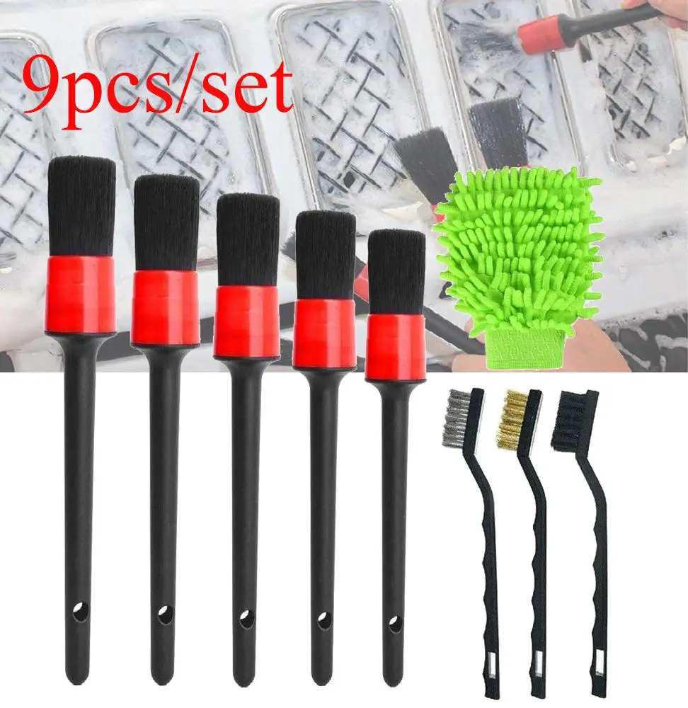 9pcs/set Car Detailing Brush Set Wash Tools Boar Hair Synthetic Fiber