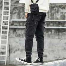 Японский стиль, модные мужские джинсы, черные, серые, свободные, большие карманы, брюки-карго, шаровары, джинсы с низкой посадкой, хип-хоп, мужские джинсы для бега