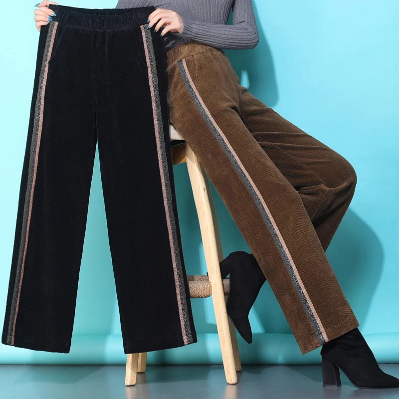 S-4XL, Осенние вельветовые брюки для женщин, однотонные свободные женские брюки, новые брюки больших размеров, женские широкие брюки с высокой талией
