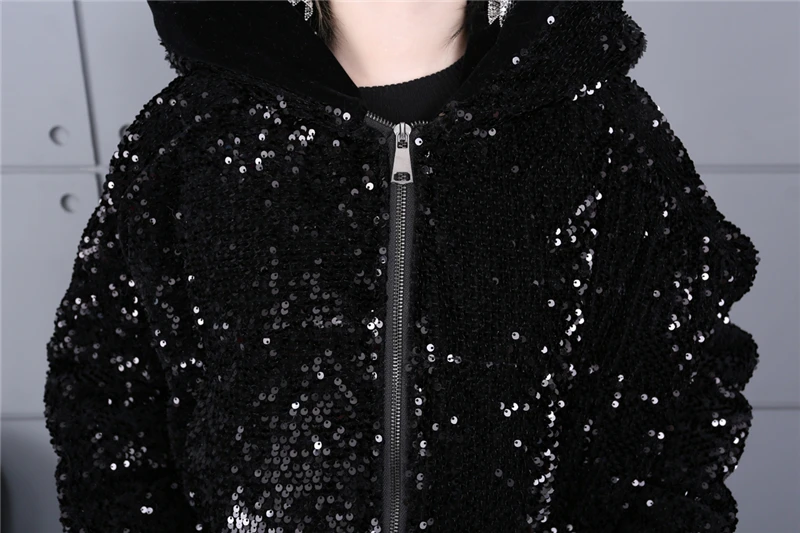 Зима Новая мода дикий черный с капюшоном с длинным рукавом блесток хлопок пальто женщин шнурок свободный женский хлопок Куртка Tide 295