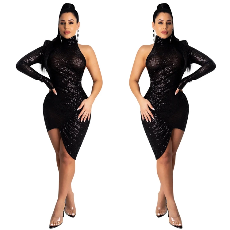 A120212 wholesale price high neck one sleeve irregular bodycon mini dress club party sequin Sexy Lady Fashion Bodycon Dress