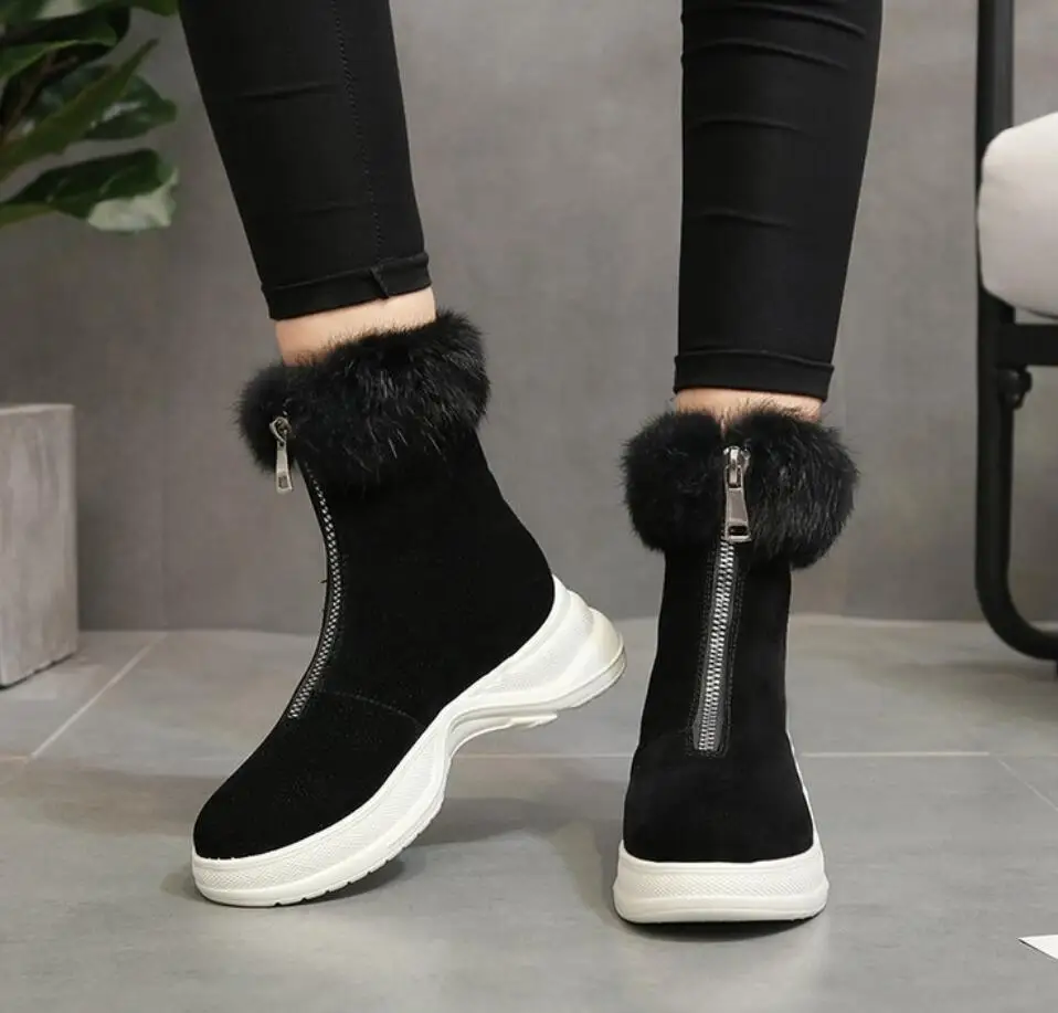 Сезон весна-; Новинка; зимние женские сапоги на кроличьем меху; высокая обувь; женские теплые зимние сапоги на толстой подошве с молнией спереди; mujer