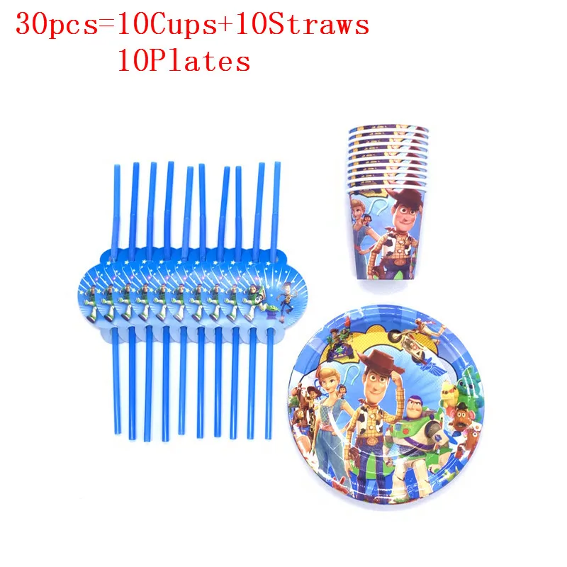 BeiPanXi 30pcs Toy Story 4 Woody Buzz Lightyear, Детские тарелки для украшения на день рождения, соломенные семейные вечерние принадлежности для детской вечеринки, 60 шт./30 шт - Цвет: BeiPanXi 30pcs