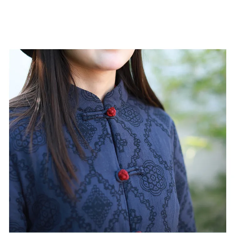 LZJN 2019 Winter Jacket Women Stand Collar Quilted Overcoat Long Chinese Parka Jacquard Autumn Coat Pocket Winterjas  (42)