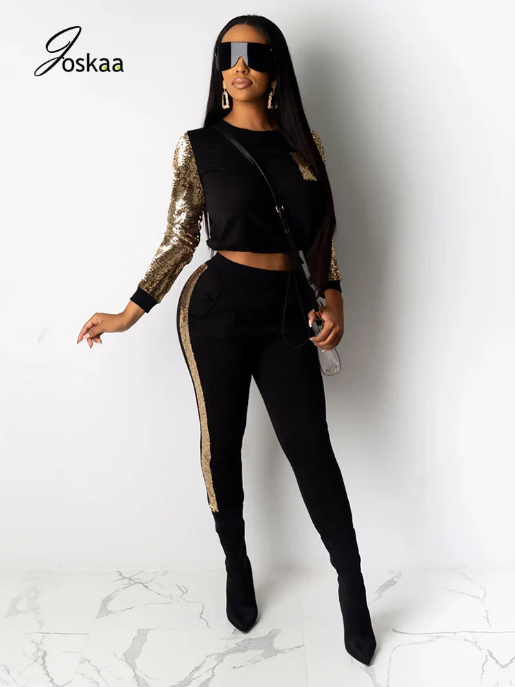 

Joskaa Autumn Winter Women Suit Long Sleeve Sequin O Neck Crop Top Elastic Street Pant Female Sexy Casual Clubwear Two Piece Set