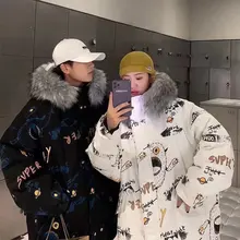 Winter padded jacket for men and women couples ins padded jacket trend student thickening padded jacket mid-length jacket