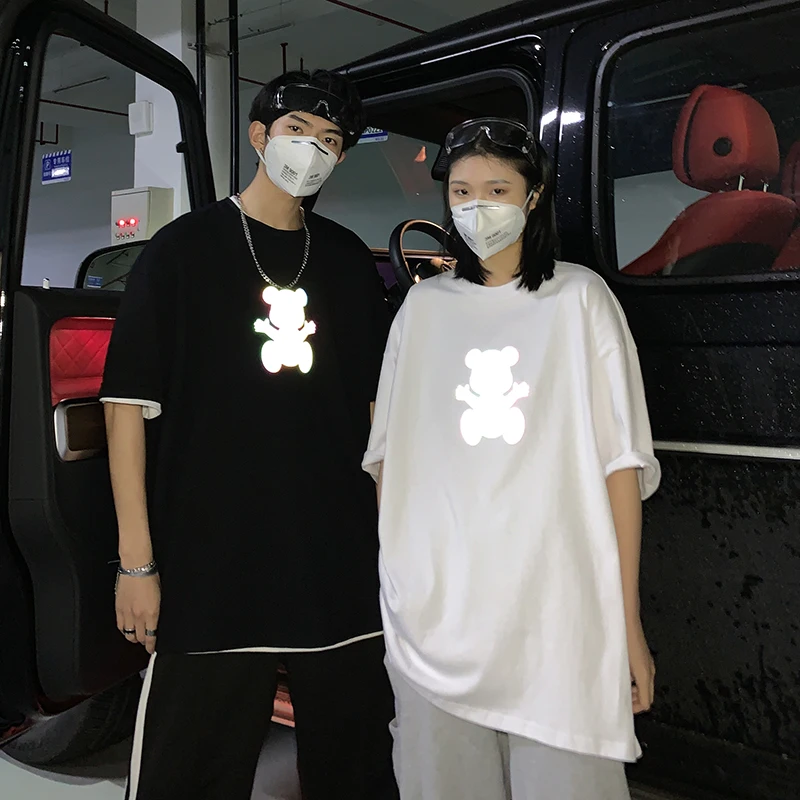 

Reflective Bear Printed T Shirts for Mens Summer Top Clothing Hip Hop Tees with Street Dancing Oversized Couple Graphic Tees Men