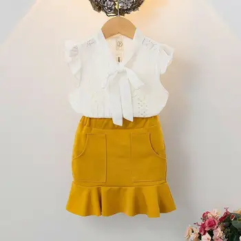 

1-5Years 2Pcs Toddler Kids Baby Girl White Lace Short Sleeve Bow O-Neck T-shirt Tops+Yellow Skirt Summer Casual Outfit Clothes