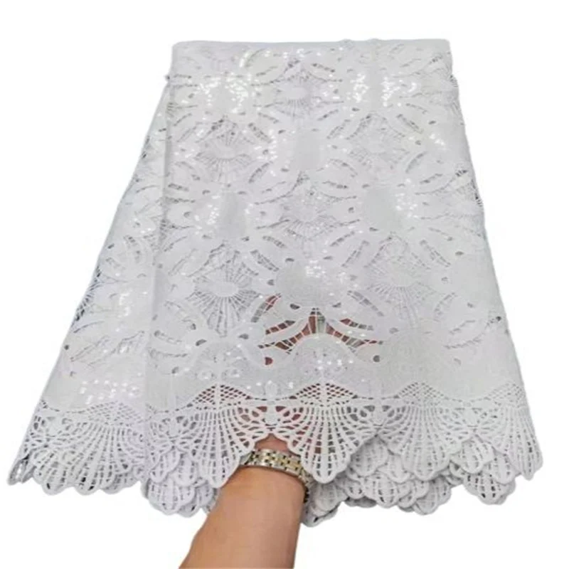 

Pure White African Sequins Lace Fabric 2022 High Quality Water Soluble Guipure Cord Laces For Nigerian Wedding Party Dress