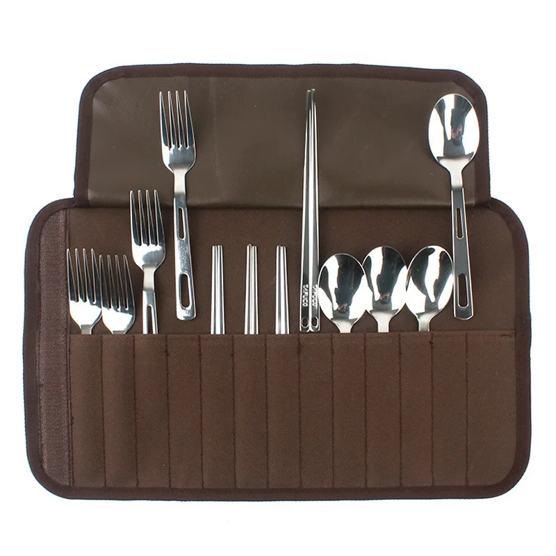 

12 Slots For 4 People Tableware Storage bag Chopsticks Spoon Fork Cutlery Set Camping Barbecue Portable Stainless Steel Picnic