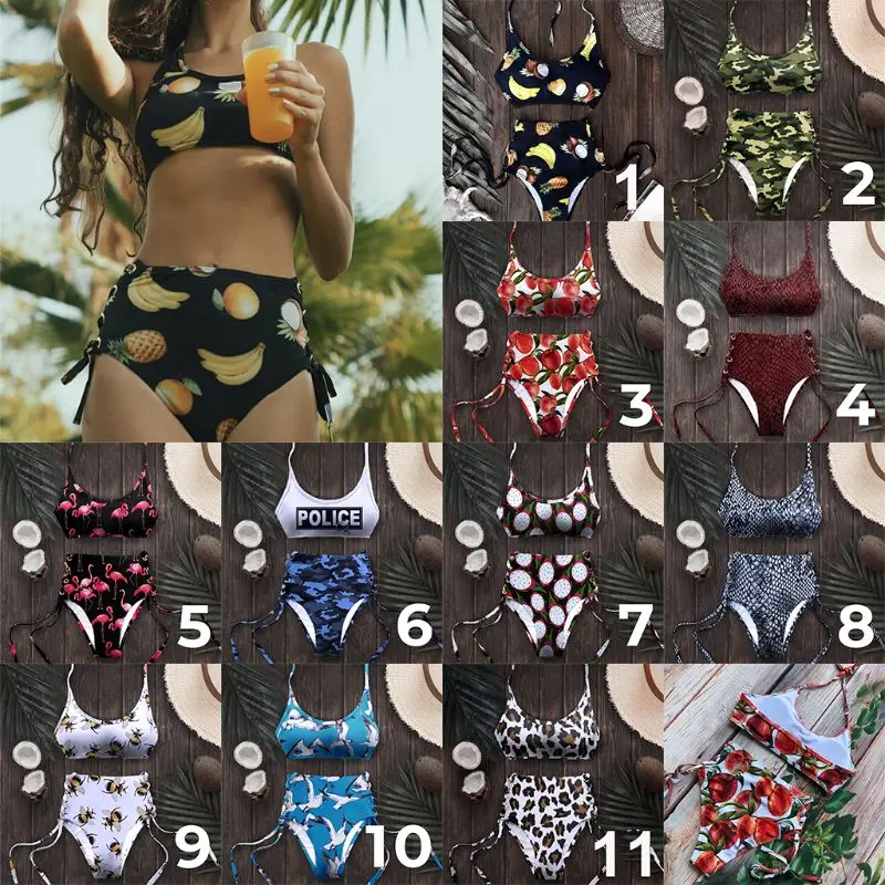 

2019Women Summer Fruit Print Bikini Set Halter Padded Drawstring Bandage High Waist Bathing Suit Sport Swimwear Female Beachwear