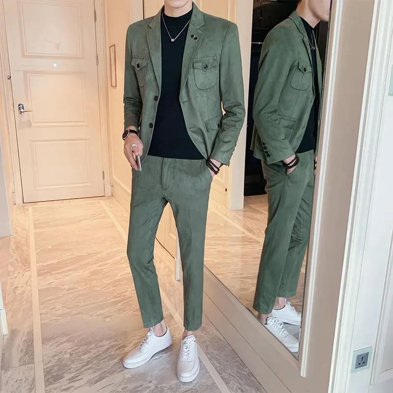 2019 autumn and winter suede men's casual fashion slim suit suit quality fabric men's two single-breasted business casual suits 2019 autumn and winter suede men's casual fashion slim suit suit quality fabric men's two single-breasted business casual suits