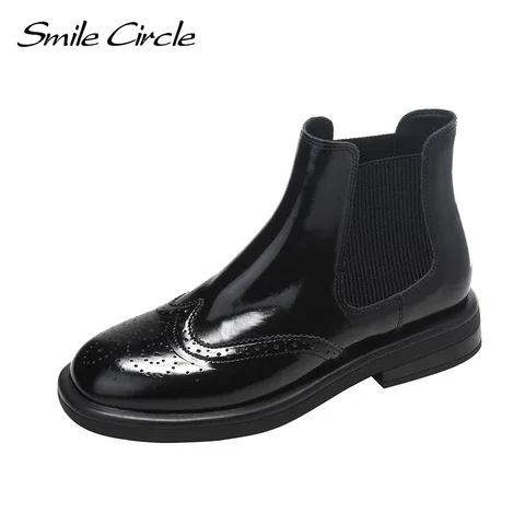 Smile Circle Slip-On Chelsea Boots Women Ankle Boots Cow Leather Autumn Fashion Platform Boots Round toe Casual Booties femme