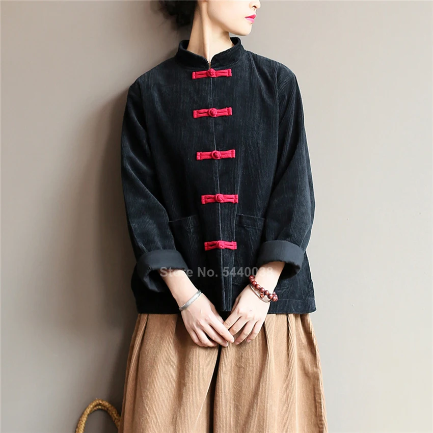Осень Зима Вельветовая куртка для женщин традиционные китайские костюмы Ретро Винтаж рубашка блузка сплошной цвет Тан костюм Hanfu