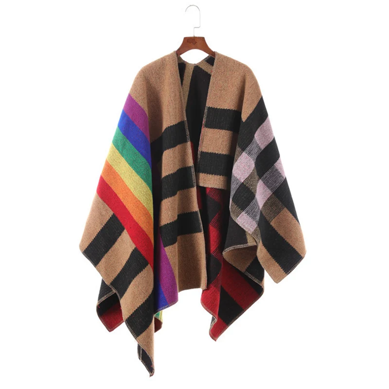 

High Quality Autumn Winter Plaid Wool Cloak Rainbow Colorblocked Cashmere-blend Blanket Shawl