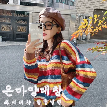 

MISHOW Winter Multicolor Color Stripe Sweater Women Causal Vneck Long Sleeve Thick Knit Pullover Tops MX19D5732