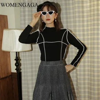 

Korea Stitch Knit T Shirt Women Turtleneck Black Long Sleeve Top Winter Tee Shirt Femme Warm Designer Clothes Y648