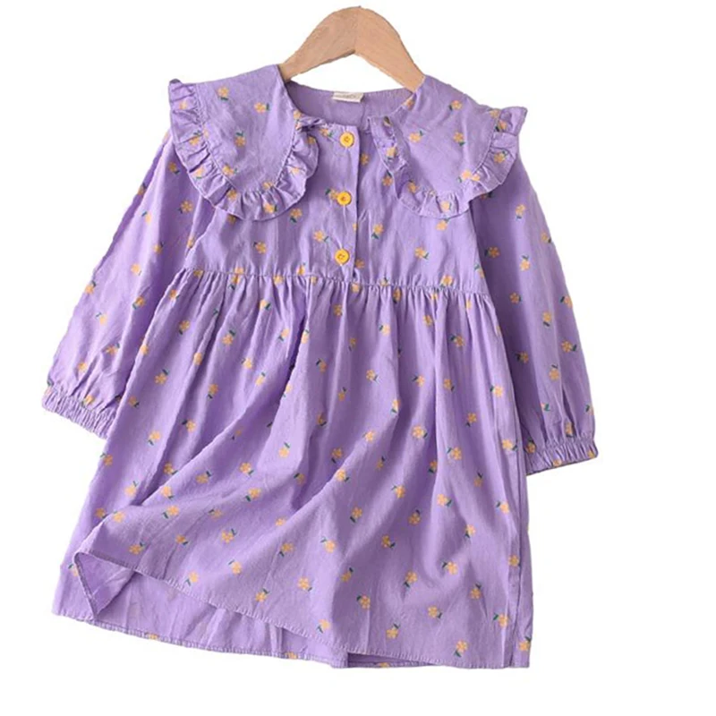 

Girls Dress 2020 Spring Autumn Children Long Sleeve Turn-down Collar Dress Clothes Purple Elegant Floral Princess Dress 2-7T