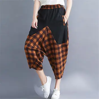 

2020 Women Harem Pants Vintage Plaid Print Loose Cropped Pants Cotton Linen Big Pocket Female Sarouel