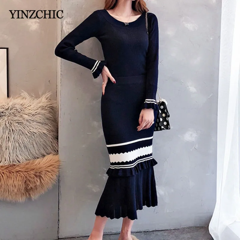 

Elegant Womans Knitted Two-pieces Set Autumn New Female Slim Sweater Mermaid Skirt Suits for Lady Winter Warm Basic Sets Women