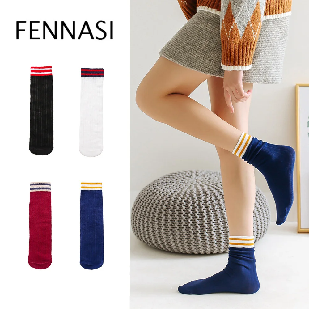

FENNASI New Pile Woman Socks Tube Socks Cotton Two Bars Harajuku Autumn And Winter Double Needle Cute Socks Women