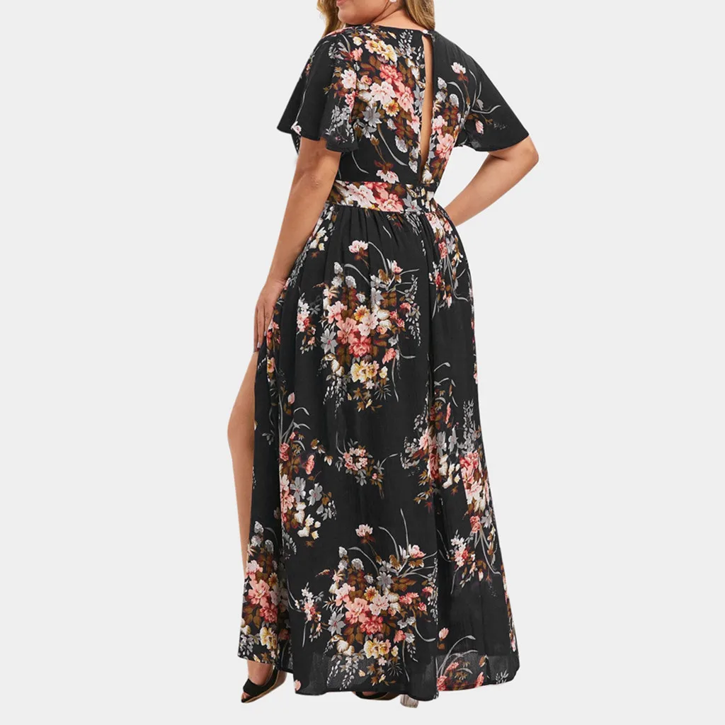 Plus size dresses for women sexy bohemian v neck floral print maxi dress short sleeve boho