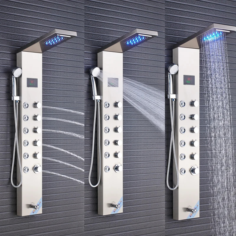 8007 Brushed Nickel Черный никель светодиодный дождь водопад смеситель для душа набор душевая панель Колонка многофункциональная насадка Массаж Спа струи температурный экран - Цвет: 8007 Brushed Nickel