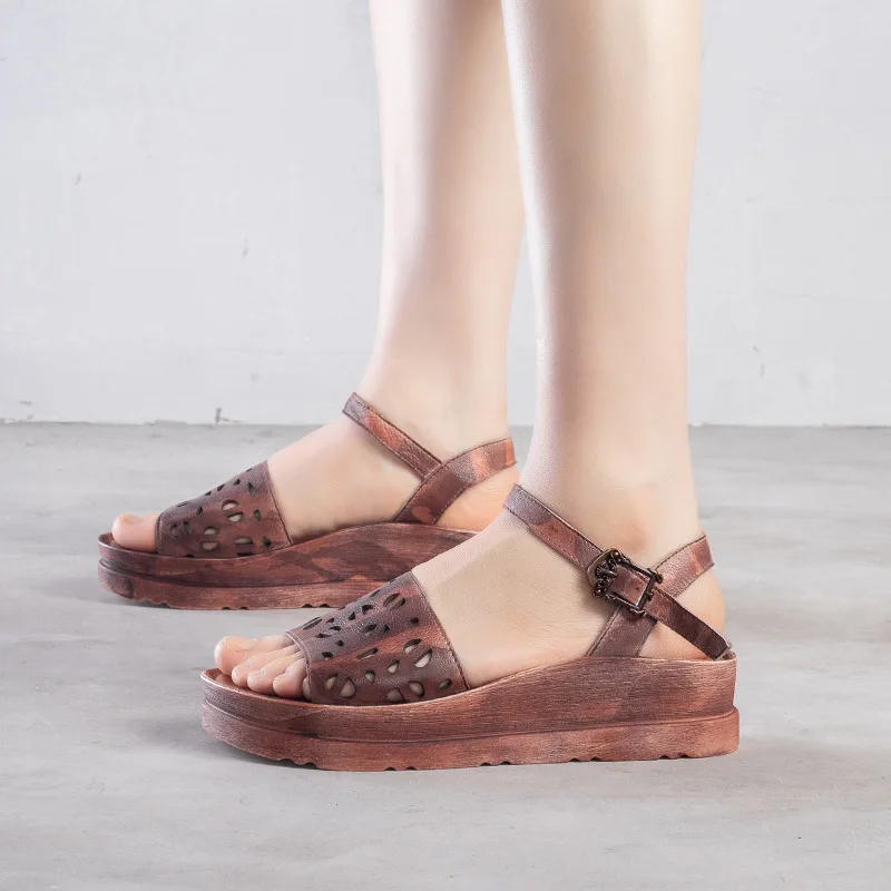

Sandals Female Tenige Easy Cake Casual Genuine Leather Hollow Out Slope With Fish Mouth Women's Shoes