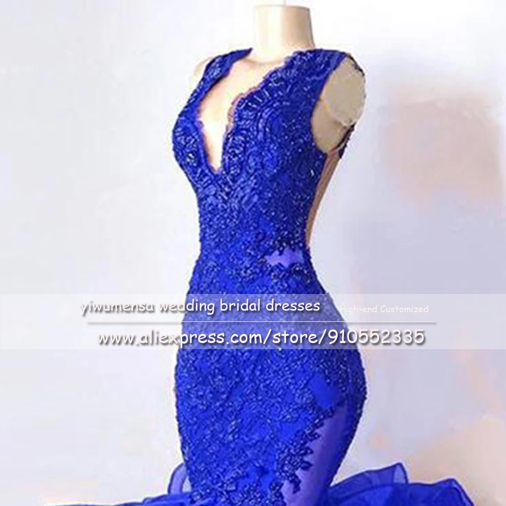 Royal Blue/Red Lace Appliques Beaded Mermaid Prom Dresses Tiered Organza V Neck Custom Made Sleeveless Evening Gowns For Women princess prom dresses