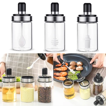 

Kitchen Condiment Box With Spoon Storage Box Sugar Container Oil Jar Kitchen Tool Tomato Sauce Bottle Convenience Glass Box