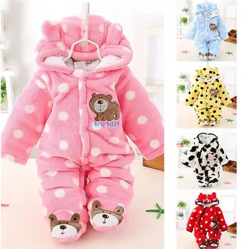 

Winter Boys Girls Baby Long-sleeved Thicken Hooded Soft Warm Flannel Romper Cute Cartoon Jumpsuits
