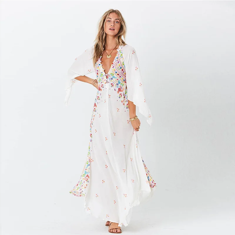 

Casual White Geometric Print Maxi Dress Summer 2020 Flare Sleeve V Neck Gyspy Boho Long Dress Women Button Bohemian Beach Dress