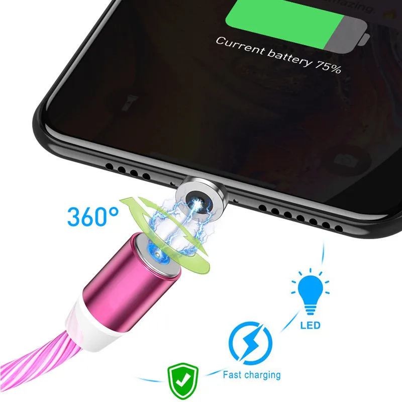 LED Glowing Light Magnetic Charging Cord Pink Charger Cable For Xiaomi CC9 Pro Note 10 iPhone X 11 Pro Coolpad 3 Plus OPPO A11