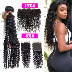 Deep Wave Bundles With Frontal Brazillian Hair Bundles Human Hair Extension 3 Human Hair Bundles With Closure Utrue Hair Remy