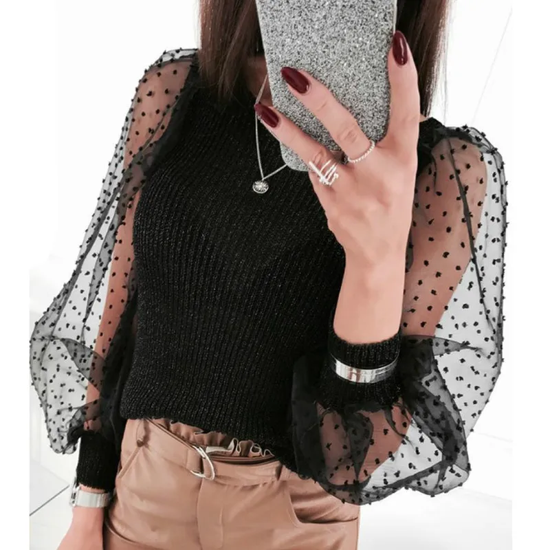 Женская трикотажная Прозрачная Футболка с рукавами-фонариками джемпер в офисном