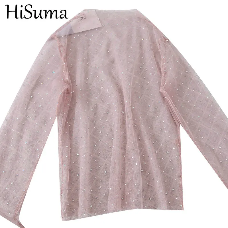 

Autumn Women Long Sleeve Pullover Basic Shirt Casual Lady Elastic Bling Sequined Star Mesh Gauze Voile Ruffles Lace Blouse Tops