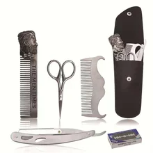 5 Pcs/set Beard Care Suit Stainless Steel Old Classic Razor PU Material Beard Styling Comb / Mini Trimming Scissors