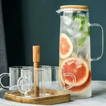 1.7L Glass Water Pitcher with Handle Bamboo Lid Heat Resisttant Cold Hot Kettle Large-capacity Tea Pitcher Water Juice Jug Cups 1