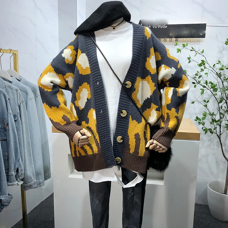 

Женский кардиган с леопардовым принтом, теплый вязаный кардиган, свободный свитер для пар, Осень-зима 2021