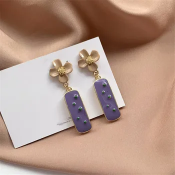 

Fashion long geometric Lady purple Flowers stud Earrings fresh personality Retro Enamel glaze Stud Earrings Women jewelry party
