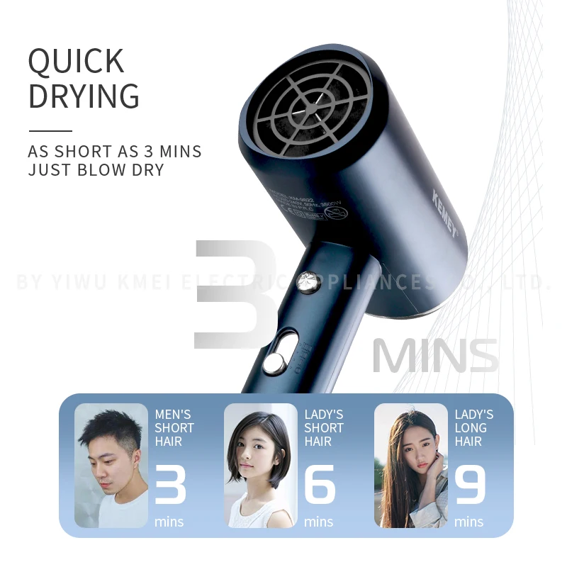 Kemei KM-9822 Constant Temperature Hair Dryer 1800W 60 Degree Multifunctional Professional Salon Blow Dryer Portable 3 Speeds 3
