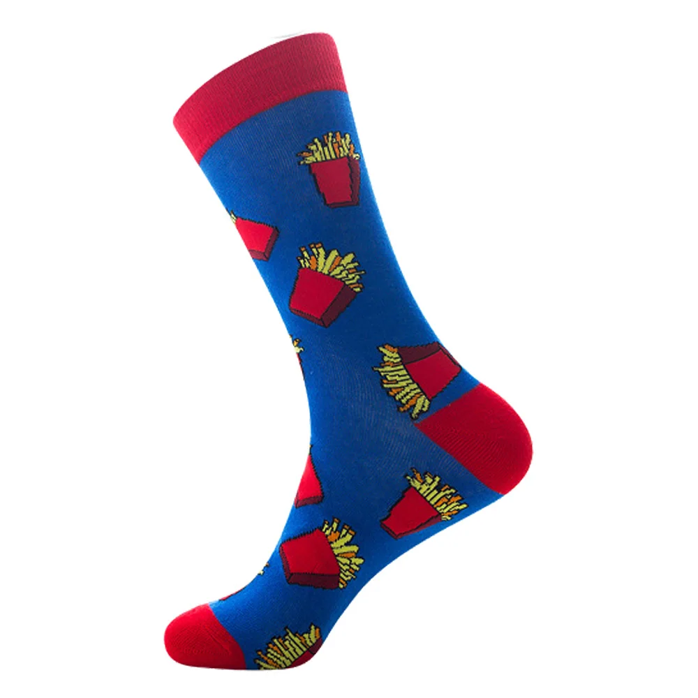 Цветные хлопковые мужские носки, забавные геометрические носки с изображением торта, картофеля фри, счастливой пиццы, скейта, Харадзюку, графические носки для рождественского подарка